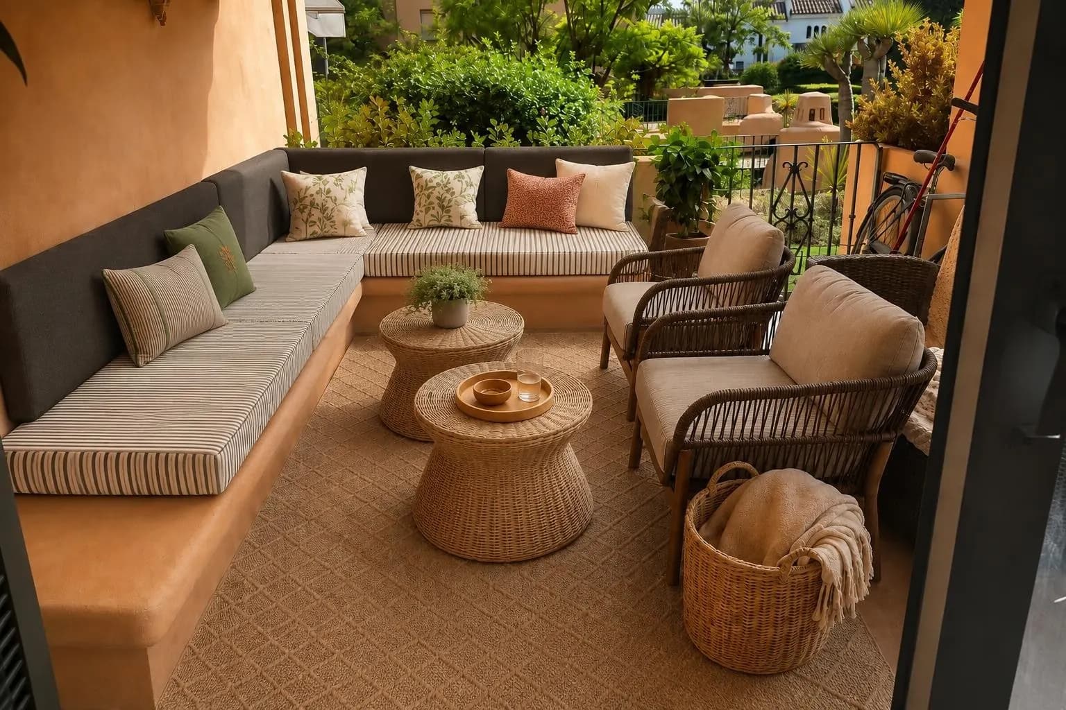 Terraza con sofá de obra, cojines en tonos tierra, mesas de fibra y plantas
